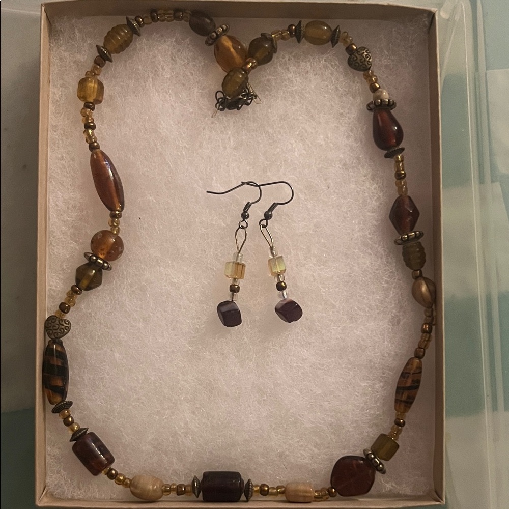Beaded Brown & Amber Necklace with Matching Earrings